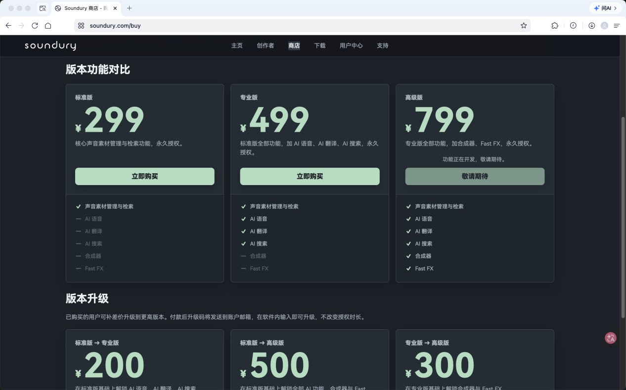 Soundury 商店授权购买页面